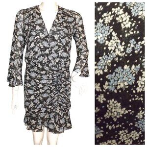VERONICA BEARD Silk Dress, 6, Black/Floral, Semi-sheer, Mini/Short, 3/4 sleeves